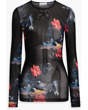 Ganni Oberteil aus stretch-mesh mit floralem print und raffungen - Schwarz