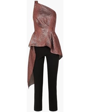 Roland Mouret One-shoulder Asymmetric Textured-organza And Crepe Jumpsuit - Metallic