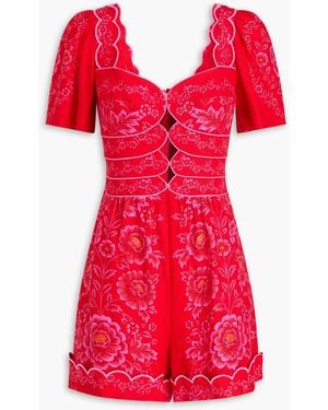 FARM Rio Cutout Floral-print Linen-blend Playsuit - Red