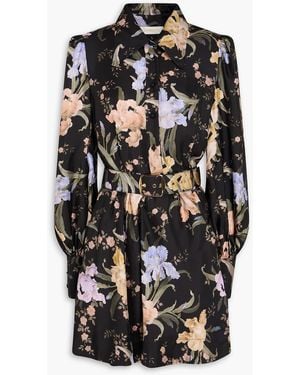 Zimmermann Belted Floral-Print Silk-Twill Mini Shirt Dress - Black