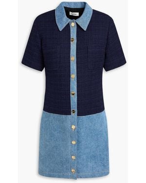 Sandro Denim-paneled Tweed Mini Shirt Dress - Blue
