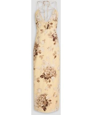 Alessandra Rich Lace-trimmed Floral-print Silk-satin Midi Dress - Natural
