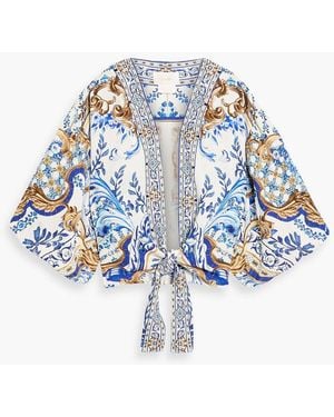 CAMILLA Cropped Tie-Front Crystal-Embellished Printed Twill Top - Blue
