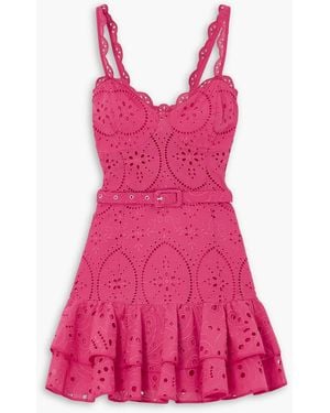 Charo Ruiz Marianne Belted Ruffled Broderie Anglaise Cotton Mini Dress - Pink