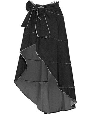 Norma Kamali Asymmetric Frayed Denim Maxi Wrap Skirt - Black