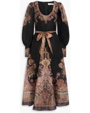 Zimmermann Printed Linen And Silk-Blend Organza Midi Dress - Black