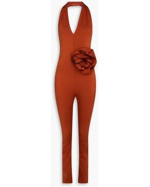 Maygel Coronel Mocoa Floral-Appliquéd Satin-Jersey Halterneck Jumpsuit - Red