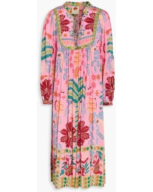 FARM Rio Gathered Printed Satin-crepe Midi Dress