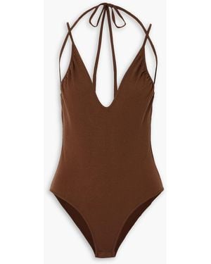 Zeynep Arcay Tie-detailed Gathered Stretch-knit Bodysuit - Brown