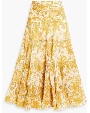 Zimmermann Tiered Printed Plissé-organza Midi Skirt - Yellow