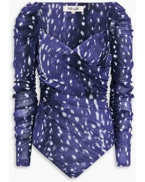 Diane von Furstenberg Ash Ruched Printed Mesh Bodysuit - Blue