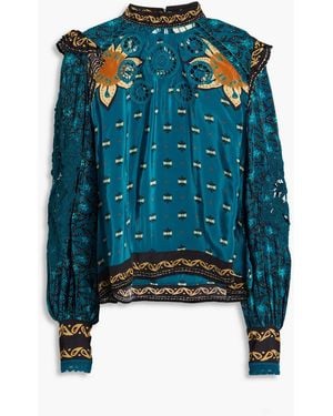 FARM Rio Crocheted Lace-Paneled Printed Crepe De Chine Blouse - Blue