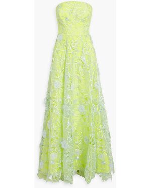 Marchesa Strapless Embroidered Organza Gown - Green