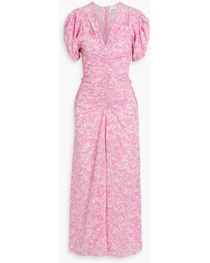 Isabel Marant Lilia Ruched Printed Stretch-Silk Midi Dress - Pink