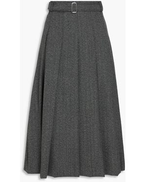 Officine Generale Kenia Belted Pleated Herringbone Wool Midi Skirt - Grey