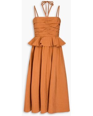Ulla Johnson Anastasia Ruched Cotton, Linen And Silk-Blend Midi Dress - Orange