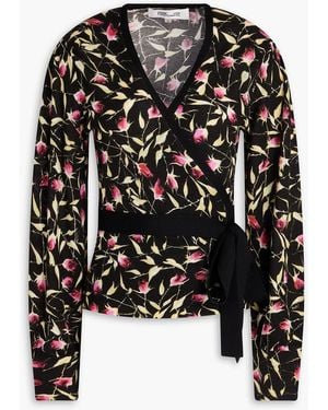 Diane von Furstenberg Floral-Print Wool Wrap Cardigan - Black