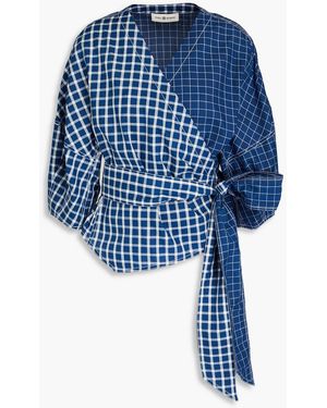 Tory Burch Checked Silk Wrap Top - Blue