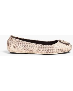 Tory Burch Minnie Embellished Snake-Effect Leather Ballet Flats - White