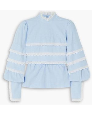 Anna Mason Mademoiselle Cece Broderie Anglaise-trimmed Cotton-chambray Blouse - Blue