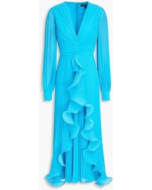 Badgley Mischka Ruffled Pleated Georgette Midi Dress - Blue