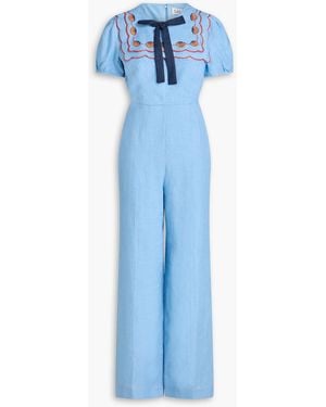 Saloni Marlowe Embroidered Linen Jumpsuit - Blue