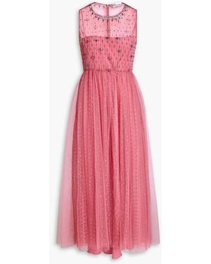 RED Valentino Crystal-embellished Point D'espirit Panelled Tulle Midi Dress - Pink