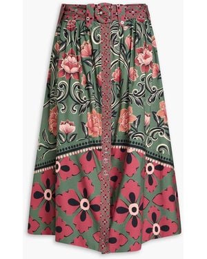 FARM Rio Belted Floral-print Cotton-poplin Midi Skirt - Red