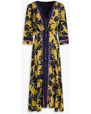Saloni Floral-pint Silk Crepe De Chine Dress - Yellow