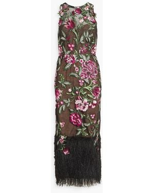 Marchesa Fringed Embroidered Tulle Midi Dress - White