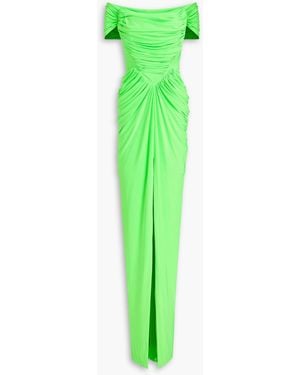 Rhea Costa Lorene Off-the-shoulder Draped Satin-jersey Gown - Green