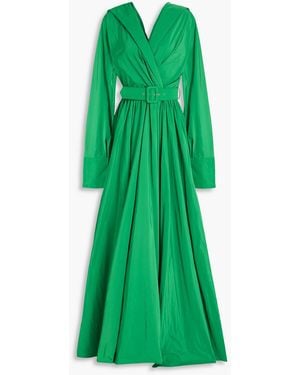 Rhea Costa Belted Wrap-effect Taffeta Gown - Green