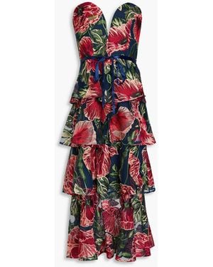 Marchesa Strapless Tiered Embroidered Tulle Midi Dress