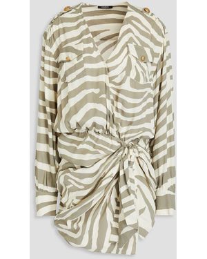 Balmain Ruched Zebra-Print Twill Mini Dress - Natural