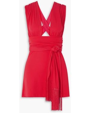 Leslie Amon Amina Tie-detailed Fringed Stretch-jersey Mini Dress - Red