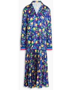 Saloni Sonia Printed Satin-Jacquard Midi Shirt Dress - Blue