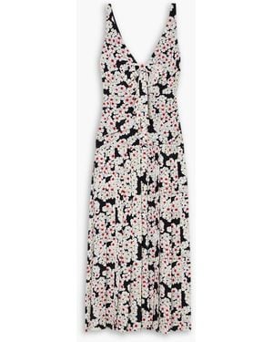 Alessandra Rich Bow-detailed Pleated Floral-print Silk Crepe De Chine Midi Dress - White