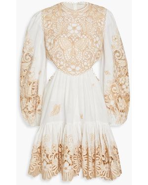 Zimmermann Broderie Anglaise-paneled Cutout Linen Mini Dress - White