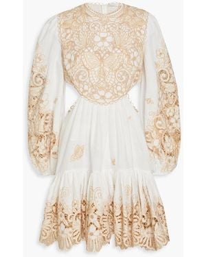 Zimmermann Broderie Anglaise-paneled Cutout Linen Mini Dress - White