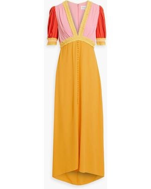 Saloni Lea Smocked Color-Block Crepe Midi Dress - Orange