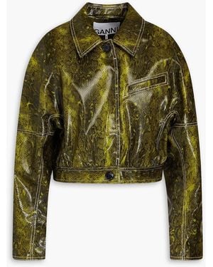 Ganni Cropped Faux Snake-effect Leather Jacket - Green