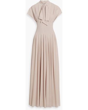 Mikael Aghal Pussy-Bow Pleated Chiffon Maxi Dress - Natural