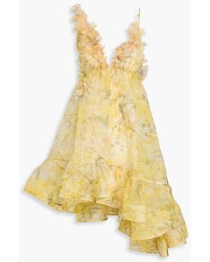 Zimmermann Asymmetric Floral-appliquéd Printed Silk-organza Dress - Yellow