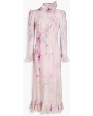 Zimmermann Pussy-Bow Ruffled Floral-Print Linen And Silk-Blend Midi Dress - Pink