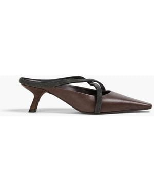 Brunello Cucinelli Bead-Embellished Leather Mules - Black