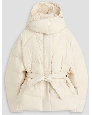 Ganni Belted Quilted Seersucker Down Jacket - Natural