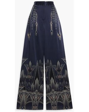 CAMILLA Crystal-Embellished Printed Silk Wide-Leg Pants - Blue