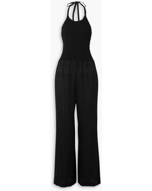 Three Graces London Shefali Cutout Shirred Seersucker Halterneck Jumpsuit - Black