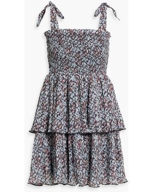 Ganni Tiered Printed Crepe De Chine Mini Dress - Gray