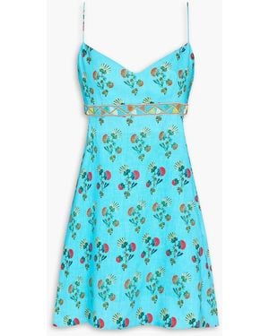 Saloni Bonnie Bead-embellished Floral-print Linen Mini Dress - Blue